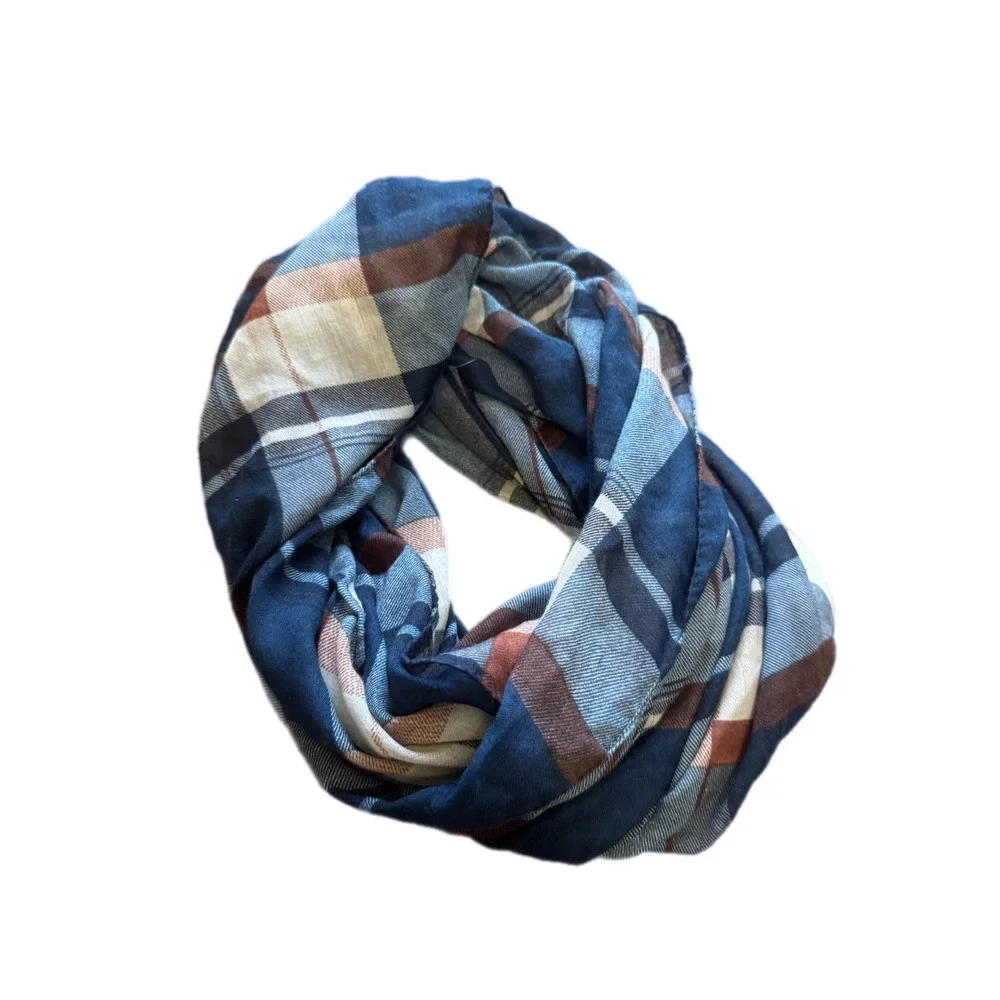 Unbranded Plaid‎ Infinity Scarf Womens OS Blue Brown Excellent Checkered Loop